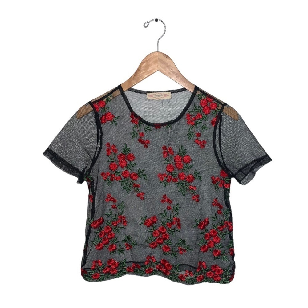 Twinkle Mesh Short Sleeve‎ Top Women’s Small Black Red Green Floral